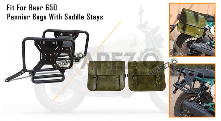 For Royal Enfield Bear 650 Genuine Leather Pannier Bags With Saddle Stays - SPAREZO